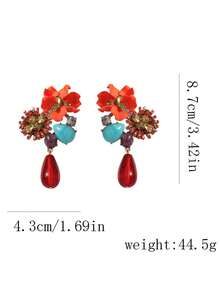 1 Pair Retro Exaggerated Versatile Resin Flower & Water Drop Long Dangle Earrings, Statement Piece - Waterdrop Resin Earrings - View 9