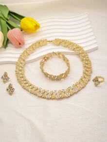 1Set Fashion Dubai Women Crystal 18k Gold Plated Jewelry Sets Necklace African Bridal Wedding Earrings Ring Bracelet Jewelry Accessories Festival Gift - Gold - View 3