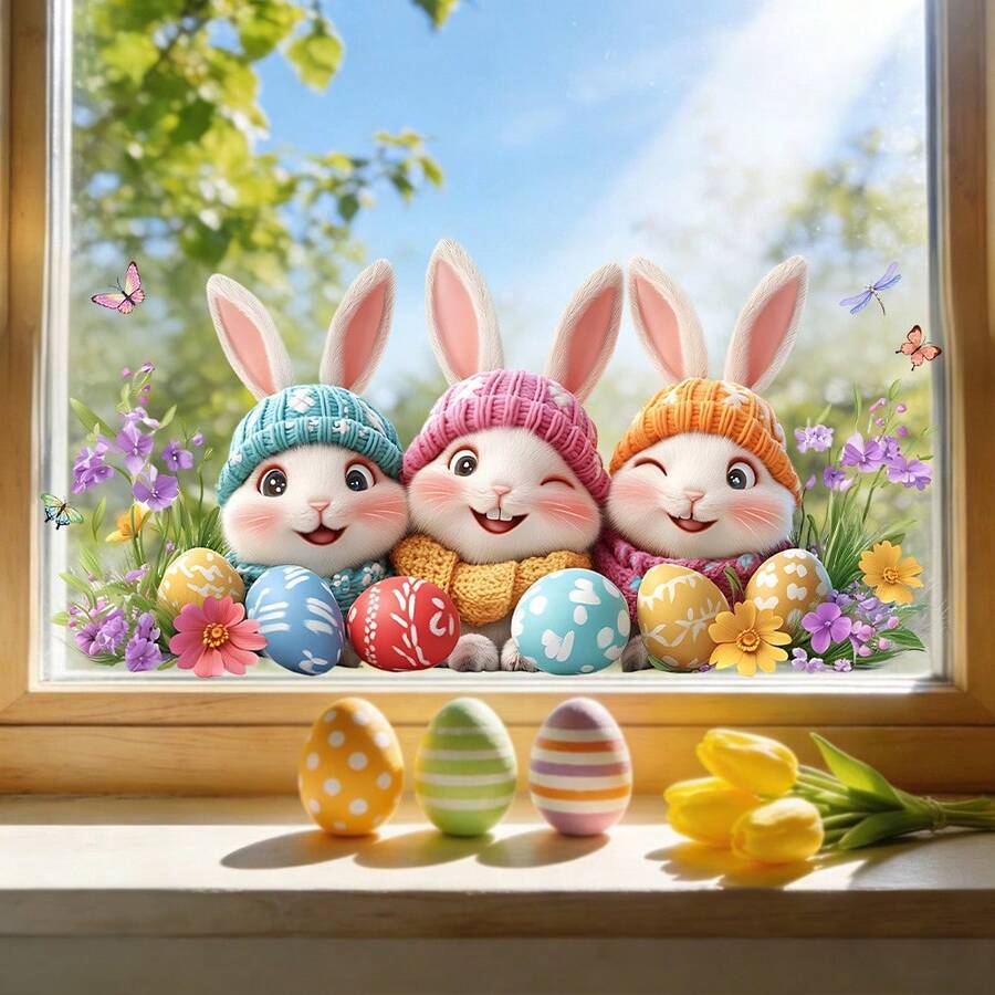 1pc Easter Bunny Static Window Cling Decorative Sticker Cute Rabbit With Eggs Flowers Pattern Glass Decal For Home Living Room Bedroom Kitchen Balcony PVC Electrostatic Adhesion Glue Free Removable Reusable Waterproof Spring Holiday Party Seasonal Decoration