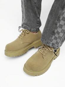 Men's Retro British Style Chunky Derby Shoes, Versatile Casual Elevator Shoes - Camel - View 3