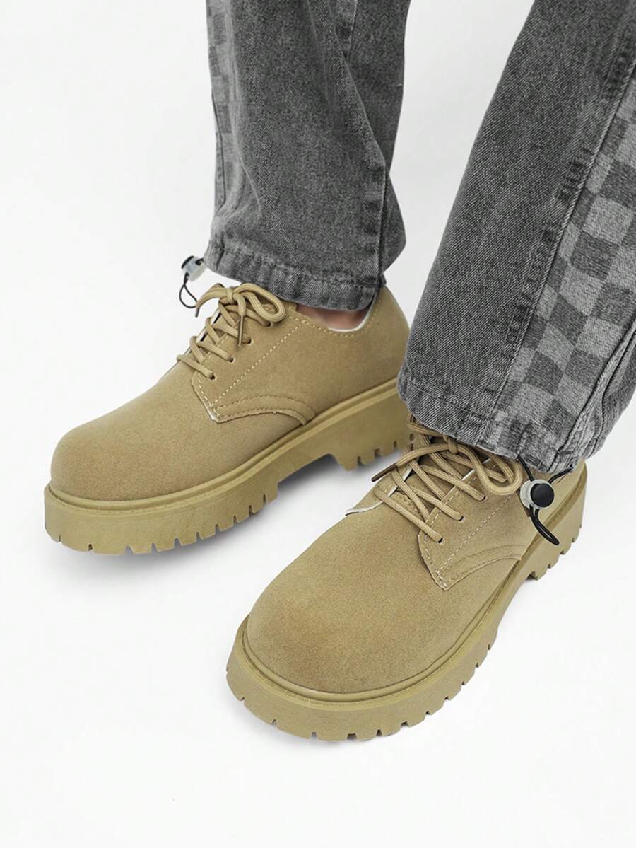 男士复古英伦风厚底德比鞋，百搭休闲增高鞋 - 駝色 - 查看 1