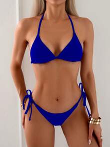 Casual Elegant Backless Bikini Set For Women Royal Blue Knitted Halter Neck Tie Side Bottoms High Stretch Sleeveless Swimwear - Màu xanh lam - Xem 9