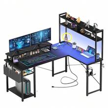 Mesa de Juego Pequeña en Forma de L con Toma de Corriente, Mesa en Forma de L con Soporte para Monitor y Estante de Almacenamiento, Mesa de Juego - Negro - Ver 11