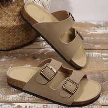 Womens Flats Sandals Adjustable Buckle Slippers Comfort Slides For Women Soft Flat Open Toe Summer Footwear Shoes - 駝色 - 查看 1