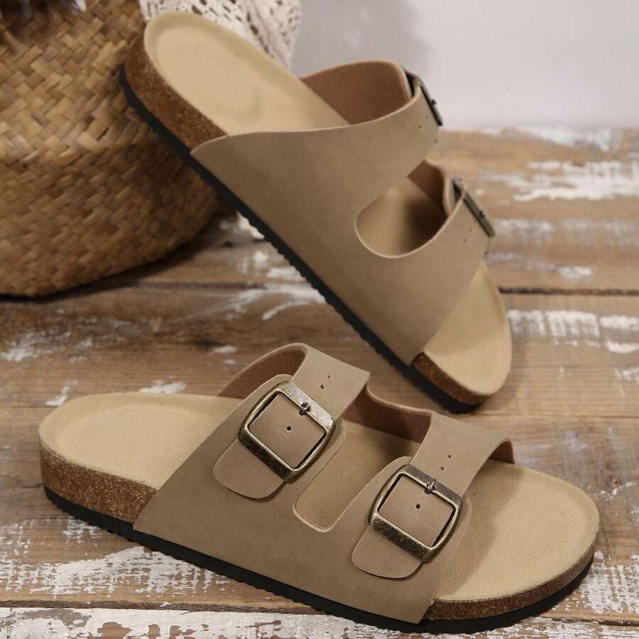 Womens Flats Sandals Adjustable Buckle Slippers Comfort Slides For Women Soft Flat Open Toe Summer Footwear Shoes - 駝色 - 查看 1