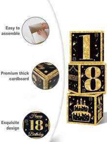 3pcs 27cm Black & Gold Happy Birthday Party Backdrop Decoration Box, 18th Birthday Adult Party Room Wall Decor Supplies, Black & Gold Balloon Filled Box