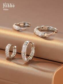 Hihho 4pcs/Set Zirconia Inlaid Women's Earrings, Shiny & Elegant Stud Earrings + 1 Plated Silver Classic Hoop Earrings Combo Set