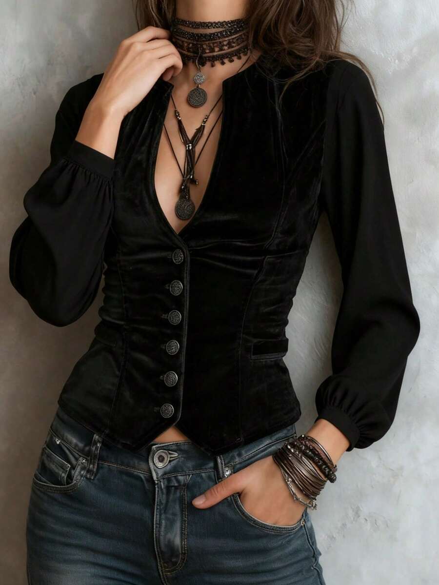 Black Patchwork Velvet V-Neck Button-Down Jacket For Women| Vintage And Mysterious, Suitable For Parties And Casual Social Occasions. - 黑色 - 查看 1
