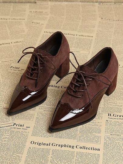 Women's Coffee Brown High Heel Lace-Up Vintage Oxfords, Business Casual Chunky Heel Closed Toe Splice Dress Shoes, Spring/Autumn New Arrival Premium Quality