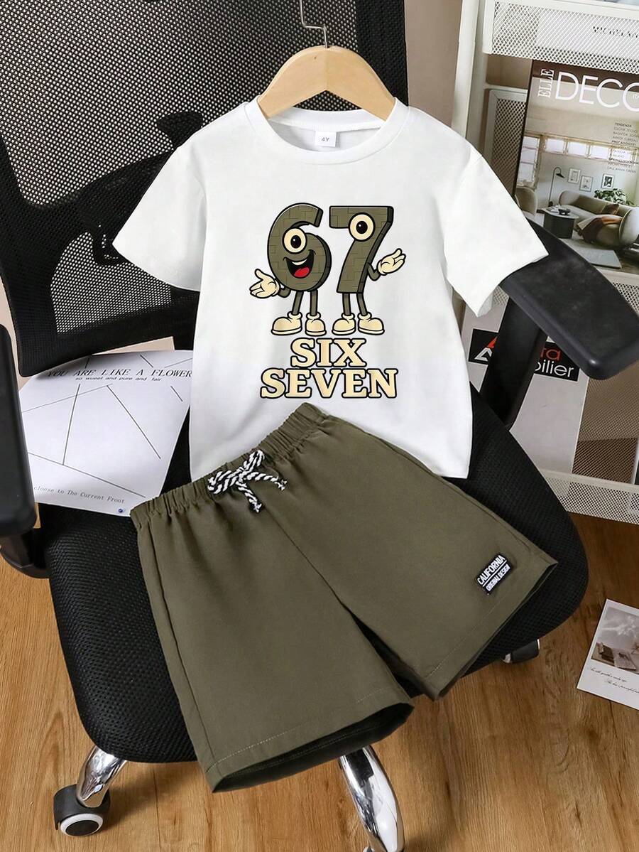 Conjunto informal de camiseta de manga corta y pantalones cortos con estampado de dibujos animados para niño pequeño - Blanco - Ver 1