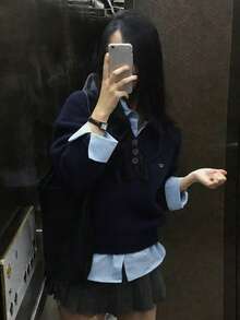 Autumn/Winter Sweater Design Layered Long Sleeve Knit Sweater - Navy Blue - View 2