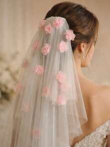 浪漫粉色花卉新娘头纱，求婚头纱