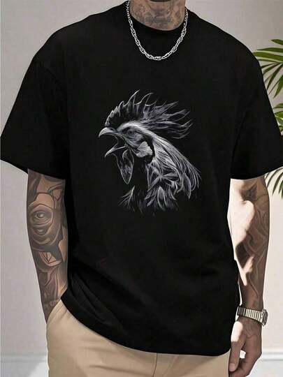 Camiseta gráfica negra para hombre - Diseño audaz de gallo cantando - Camisa ligera de verano para atuendos informales y formales - Esencial de ropa de calle para todos los días - Camiseta de cuello redondo fácil de cuidar, camiseta de gallo, versatilidad de atuendo, parte superior de impresión artística, tejido duradero, ajuste cómodo, material transpirable, moda urbana, ropa de hombre moderna, impresión de alta calidad, camiseta impresa, jóvenes adultos