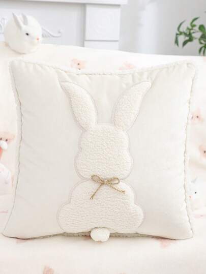 1pc Easter Decorative Throw Pillow Cover, Rabbit & Teddy Bear 3D Embroidery Plush Fabric, Spring/Summer Home Decor, Holiday Gift
