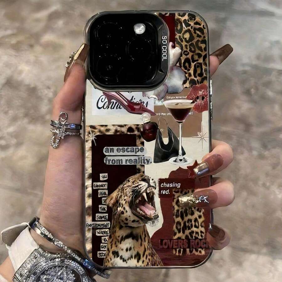 1个黑色活力IMD极简豹纹嘴唇酒杯英文拼图图案手机壳，适用于 17 Air/17 Pro Max/17/16 Plus/15/14/13/12/11/XSM/XR/7/8保护套 - 彩色 - 查看 1