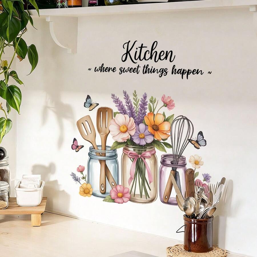 1/4pcs Inspirational Quote Wall Decals Happiness Is Homemade Seasoned With Love Text Pattern Removable Vinyl Art Murals For Kitchen Tile Stove Backsplash DIY Living Room Ornament - Multicolor - View 1