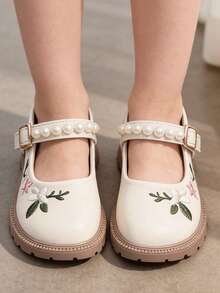 1 Pasang Sepatu Mary Jane Putri Gaya Cina dengan Bordir Mutiara untuk Anak Perempuan, Sepatu Modis dengan Sol Lembut, Cocok untuk Usia 3-12 Tahun - Krem - View 2