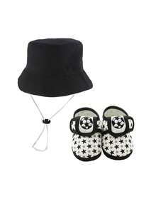 2Pcs Baby With Tether Windproof Bucket Hat & Silicone Anti-Slip Socks Set - 0-12 Months Unisex Windproof Sun Protection Black Pink Blue - Multicolor - View 22