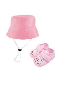 2Pcs Baby With Tether Windproof Bucket Hat & Silicone Anti-Slip Socks Set - 0-12 Months Unisex Windproof Sun Protection Black Pink Blue - Multicolor - View 21