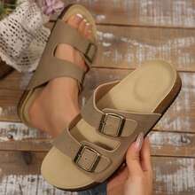 Womens Flats Sandals Adjustable Buckle Slippers Comfort Slides For Women Soft Flat Open Toe Summer Footwear Shoes - 駝色 - 查看 7