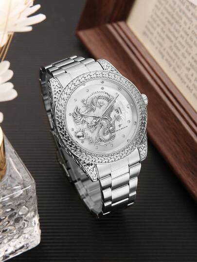 RICECGO 1 pieza Reloj de pulsera de cuarzo de lujo para hombres, esfera con diseño de dragón, correa de acero inoxidable, reloj para hombres, regalo ideal para cumpleaños, Día de San Valentín