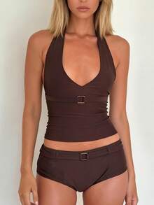 Women's Summer Tankini Swimsuit With Shorts Fashionable Solid Color Halter Tops With Boyshorts 2Pcs Bathing Suit - Cà phê nâu - Xem 3