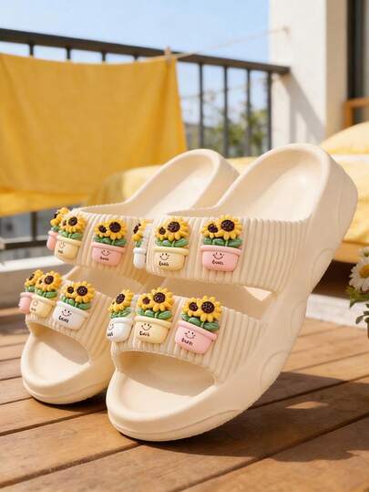 1双女童轻便橡胶底双绑带凉鞋，饰有多色向日葵花盆图案，防滑纹理鞋底，露趾设计，可爱休闲风格，适合2-6岁夏季穿着