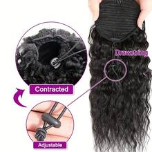 Deep Wave Drawstring Ponytail Hair Extensions 16-26 Inches Ponytail Natural Black Color Brazilian Remy Human Hair #1B 1piece - Natural Black - View 3