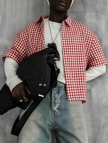 WAIT HIM Áo sơ mi nam tay ngắn kẻ caro dáng rộng, thích hợp mặc đi làm. - Đỏ và trắng - Xem 6