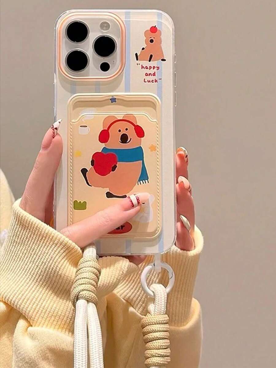 1pc Painting Card Holder | Cute Bear Shaped Card Holder | Hanging Strap | Striped Design | Best Friend Gift | Compatible With IPhone 11, 12, 13, 14, 15, 16 Pro Max, 17air, 17Pro Max, Full-Coverage Anti-Drop Phone Case - Multicolor - View 1