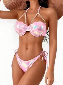 Mermaid Swimsuits For Women Push Up Beaded Seashell Bikini Top Bottom Sets Underwire Bathing Suits - 粉色 - 查看 3