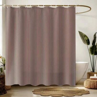 1/3/4-delars set med vinrött randigt duschdraperi, varm modern klassisk badrumsinredning, neutral rödbrunt tygduschdraperi, eleganta vertikala ränder, halkfri badrumsmatta, U-formad toalettmatta, toalettlocksskydd, badrumsinredning, badrumsdraperiset, badrumstillbehör