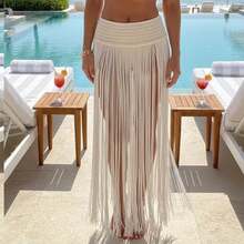 Awevudst Women's Crochet Knitted Swimwear Cover Up Long Maxi Skirts Wide Waistand High Waist Fringe Hem Beach Skirts Summer Swimwear Beachwear Vacation Bathing Suit Coverup Maxi Dress - 白色 - 查看 7