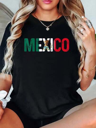 100% Cotton Mexico Mexican Flag Vintage Pride T-Shirt Short Sleeve Round Neck Casual Top For Summer & Spring, Women's Men's Graphic Tee