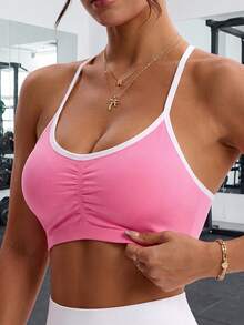 Women's Solid Color Cross-Back Strap Sexy Sports Bra, Pink - Pink - View 3