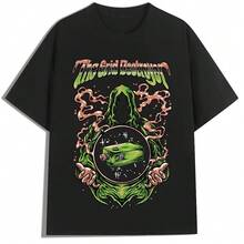Camiseta de algodón para hombres inspirada en Y2K con estampado de mago sin rostro, camiseta casual y elegante de cuello redondo para atuendo casual - Negro - Ver 9