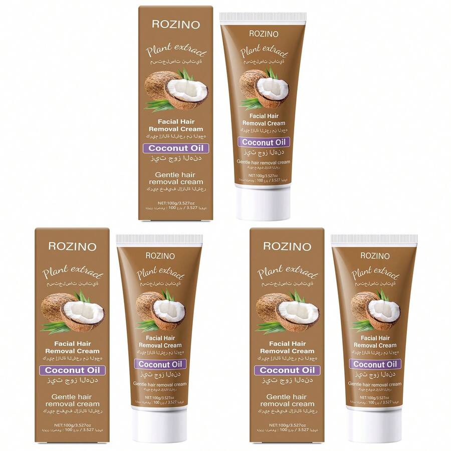 ROZINO Hair Removal Cream With Nourishing Coconut Oil - Gentle, Effective Face & Body Hair Remover For Men And Women - Smooth Texture Formula For Easy Application On Legs, Underarms, Chest & Hands - Refreshing, Non-Irritating Hair Removal Treatment, 100g/3.527oz - F-097*3 - 查看 1