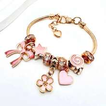 1pc Pink Beaded Bracelet, Valentine's Day Gift, DIY Heart & Bow Pendant Handmade Jewelry, Suitable For Girls Wear And Daily Use