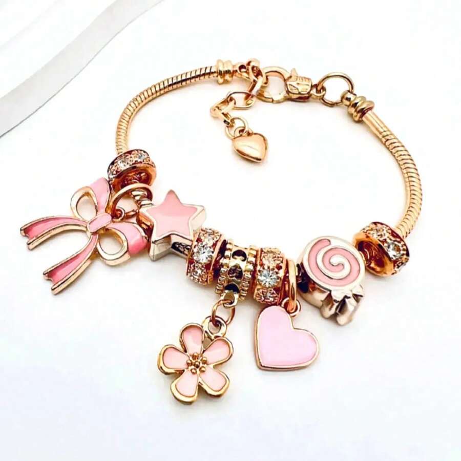 1pc Pink Beaded Bracelet, Valentine's Day Gift, DIY Heart & Bow Pendant Handmade Jewelry, Suitable For Girls Wear And Daily Use