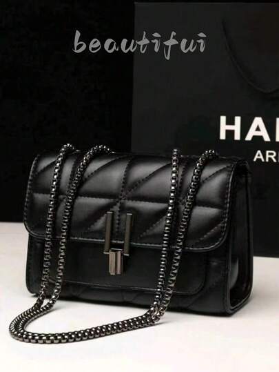 Elegant Women Shoulder Bag, With Chain Strap, Quilted PU Crossbody Bag, Luxury Minimalist Underarm Bag, Lightweight, Business Casual Mini Metal Lock Quilted Flap Chain Shoulder Bag, Clutch, Minimalist Clutch, Classic Leather Small Bag