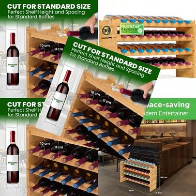 SereneLife 36 Bottle Stackable Wine Rack 33.5" X 10" X 21" 4-Tier Large Floor Freestanding Modular Wine Bottle Storage Display Shelf Natural Bamboo Wood Construction For Kitchen And Cellar