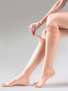 3/6/10 Pairs Women Apricot & Black 15D Knee High Stockings, Anti-Snag, Core-Spun, Sexy, Ultra-Thin, Ultra-Sheer, Versatile Thigh High Socks, Suitable For Work, Party, Gift, Fall, Cozy