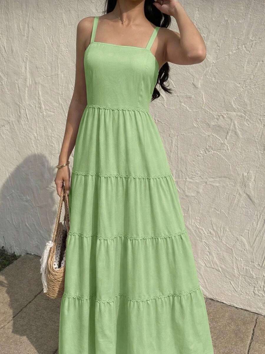 Kliou Fashion Elegant Women's Long Lace Dress With Adjustable Straps And Elastic Waist At The Back, Boho Summer Vacation Style - Màu xanh Bạc hà - Xem 1