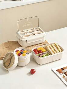 1pc Lunch Box Set, Includes Lunch Box, Insulated Bag, Breakfast Cup, Water Bottle, Suitable For Light Meals, Office, School, Outdoor Activities. Lunch Box, Salad Cup, Insulated Set. Compartment Lunch Box, Back To School Student Supplies, Lunch Box, Meal Bag - Beige - View 8