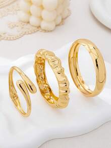3pcs/1pc Fashionable Exquisite Minimalist Golden Geometric Hollow Textured Metal Bangle Set, Suitable For Women, Delicate Accessory, Gift For Valentine's Day, Mother's Day, Wedding - Yellow Gold - View 3