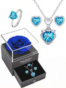 3件套心形永恒之爱项链、耳环和戒指套装，蓝紫色玫瑰优雅礼盒，是情人节、周年纪念日、生日、母亲节送给女友、母亲或自己的完美礼物，表达您的爱意。
