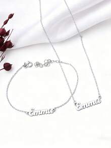 1PC [Customized] Personalized Name Necklace And Bracelet Set, Custom Jewelry Set, Matching Name Gift, Stainless Steel Jewelry, Minimalist Name Customization, Women's Necklace, Custom Necklace And Bracelet, Custom Gift, Engraved Jewelry For Her, Customizable Gift Set, Valentine's Day, Mother's Day, Eid, Back To School Season Gifts, Personalized Custom Set - Multicolor - View 11