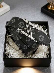 男士商务皮带一条，字母合金自动扣皮带，搭配高品质PU印花皮带，长度120厘米，可自由裁剪以适应裤子，是送给男友和父亲节的理想礼物。