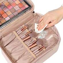 NISHEL Bolsa de maquillaje de viaje de doble capa con correa, organizador grande para cosméticos se adapta a botellas verticalmente, capa superior para pinceles, pinzas, delineador de ojos - como en la foto - Ver 5