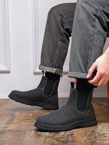 Men's Boots, Thick Sole Round Toe Pull-On Boots, Retro British Mid-Top Boots, Business Casual Daily Motorcycle Riding Boots, Men's Shoes - Gray-black - View 7